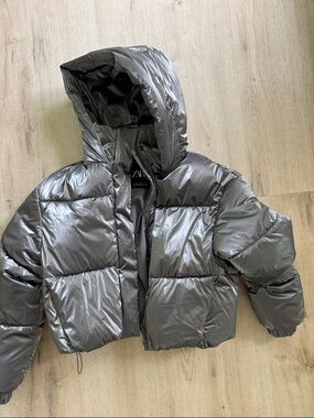 Zara Shiny Silver Hooded Puffer Jacket